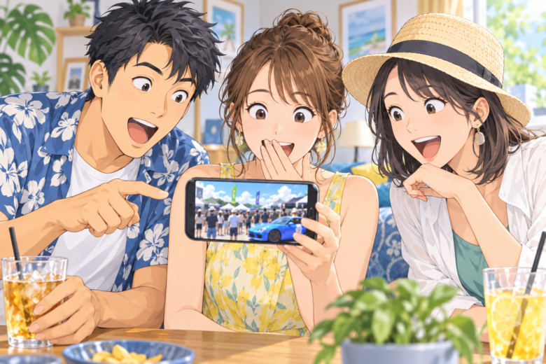屋外イベントの動画を見て驚く視聴者のイラスト