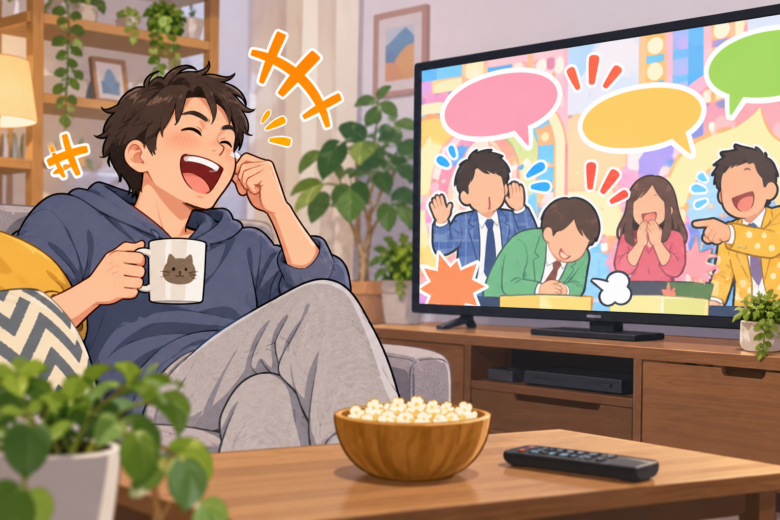テレビのバラエティを見て笑う視聴者のイラスト